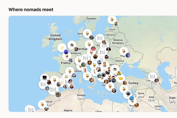 Map of Europe and surrounding regions showing clustered profile icons with varied emojis indicating where nomads meet.