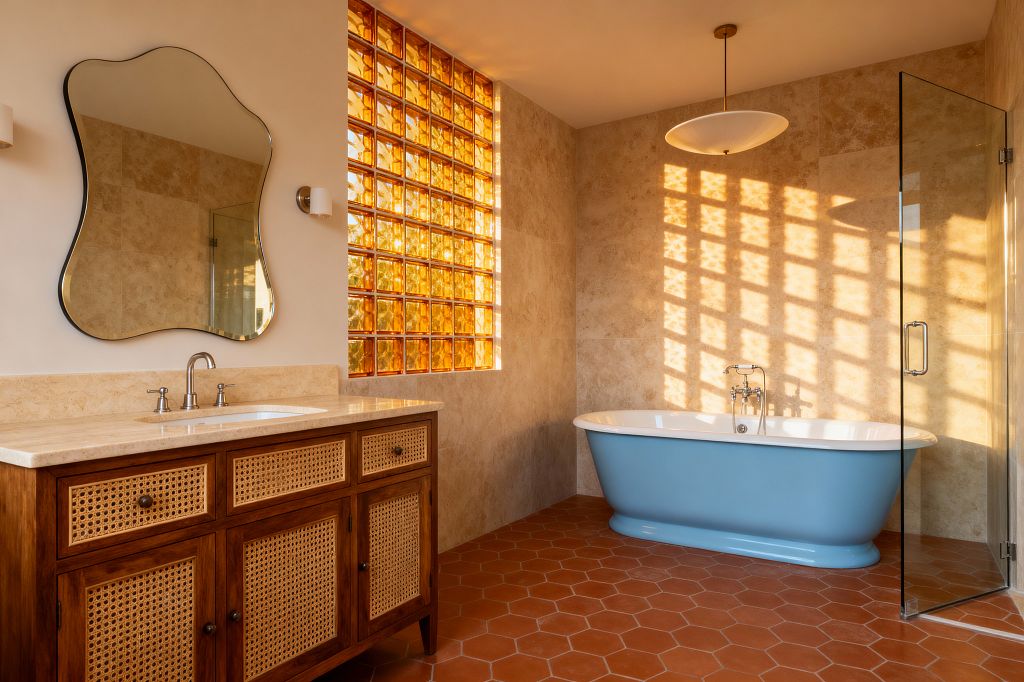 A mid-century modern bathroom with an amber glass-block window casting grid shadows onto beige travertine walls and a terracotta hex tile floor. At left is a solid-wood vanity with cane-panel doors, a light stone countertop, and an organic-shaped black-edged mirror flanked by small sconces. At right, a powder-blue freestanding tub sits beneath a shallow saucer pendant next to a frameless glass shower; brushed-metal fixtures complete the sunlit space.