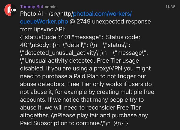 The image displays an error message from a bot regarding API access issues with Eleven Labs.