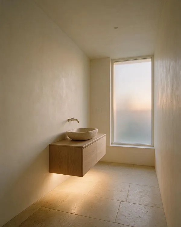 A narrow minimalist powder room with smooth cream walls, large light stone floor tiles, and a floating wood vanity topped with a rounded stone vessel sink. A small wall-mounted faucet sits above the basin, while a tall frosted window fills the space with soft natural light.
