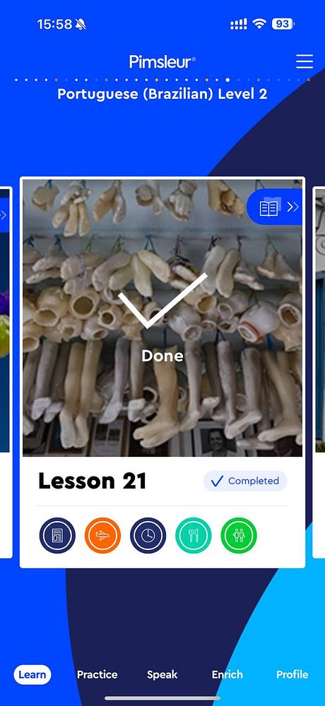 The image displays a completed lesson screen from the Pimsleur language learning app for Portuguese.