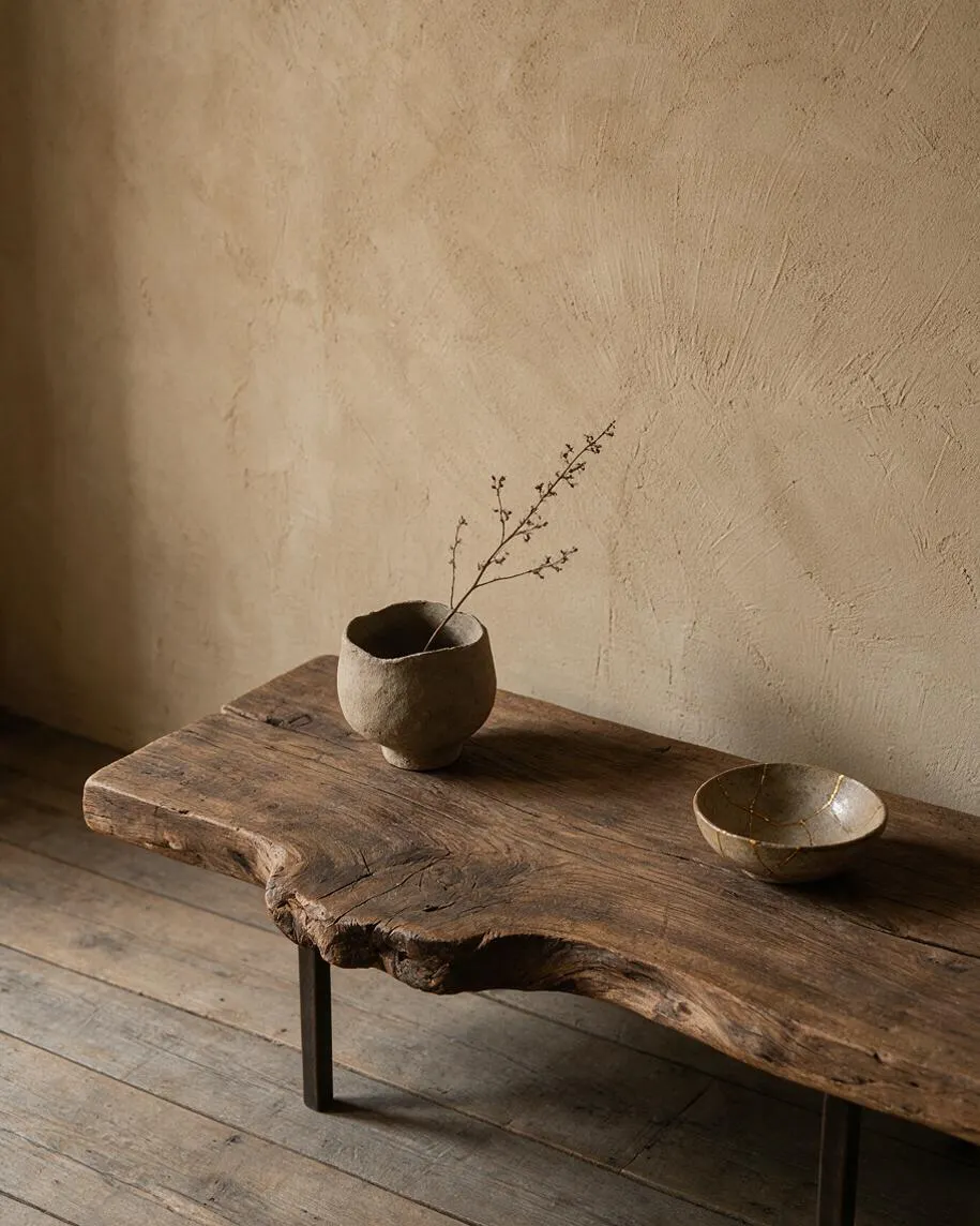 A minimalist Wabi-Sabi vignette with a rustic live-edge wooden table on slender black legs, set against a textured beige plaster wall and weathered wood floor. A small handcrafted ceramic cup with a delicate branch and a shallow bowl sit on the tabletop, emphasizing natural materials and quiet imperfection.