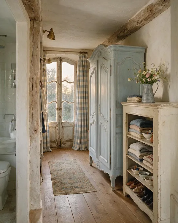 A narrow French Country closet with weathered wood beams, a distressed pale blue armoire, and an aged cream shelving unit holding folded linens and shoes. Soft striped curtains frame a glass-paneled door at the end of the room, while warm wood floors and a small vintage rug add a cozy, lived-in feel.