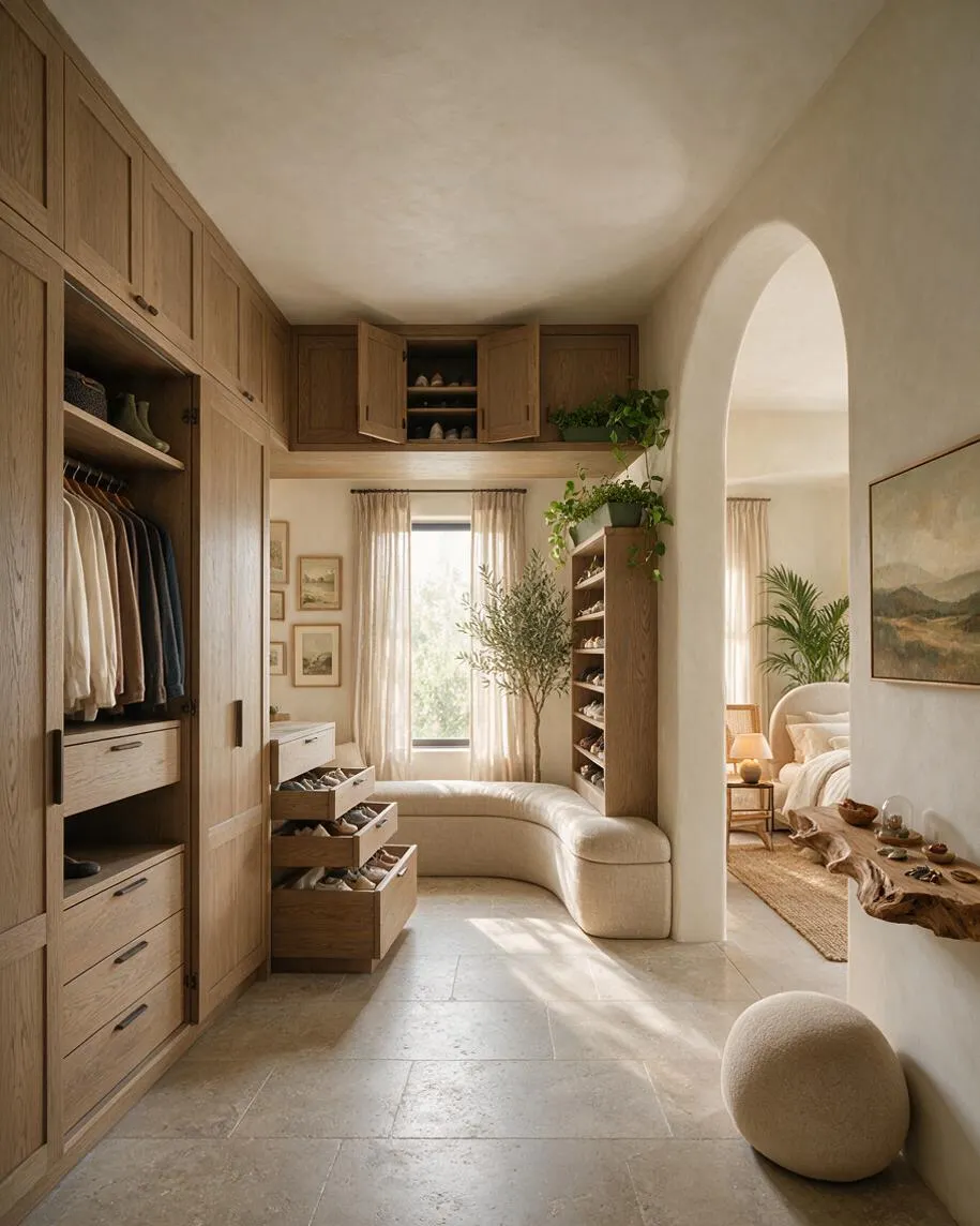 A serene walk-in closet with floor-to-ceiling wood cabinetry, open hanging storage, and drawers filled with folded clothing and shoes. Soft beige plaster walls, a curved archway, sheer curtains, and potted greenery create a calm biophilic atmosphere with natural light.