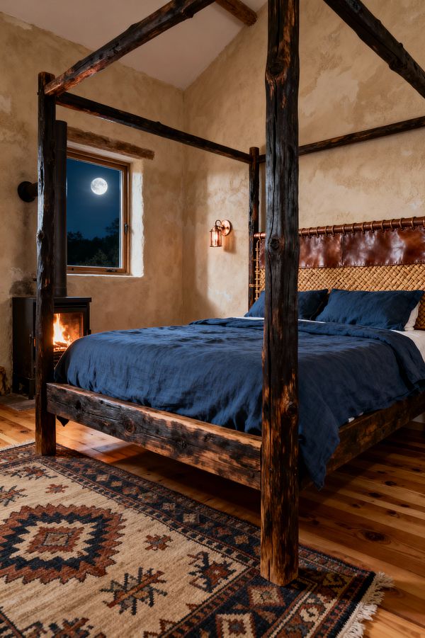 A cozy rustic bedroom features a four-poster canopy bed made from charred, knotty logs, dressed in deep indigo linen. A woven rattan and cognac leather headboard sits against textured plaster walls, lit by a copper lantern sconce. A black cast-iron wood stove glows beside a small wood-framed window showing the moon. Honey-toned wide-plank floors and a Southwestern patterned rug add warmth beneath exposed beams.