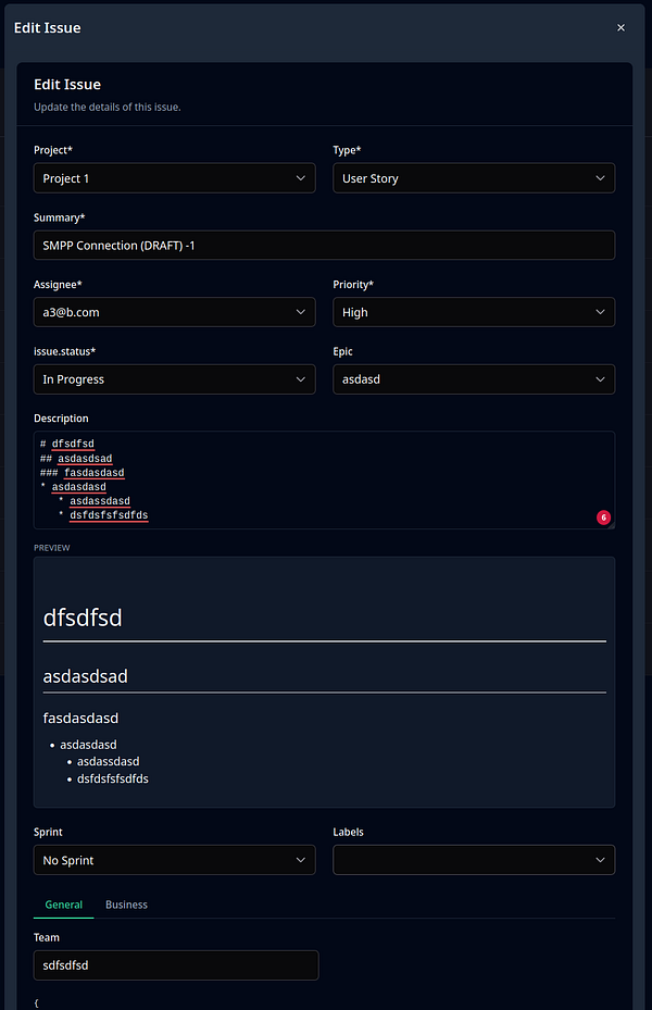The image displays a user interface for editing an issue in a project management tool.