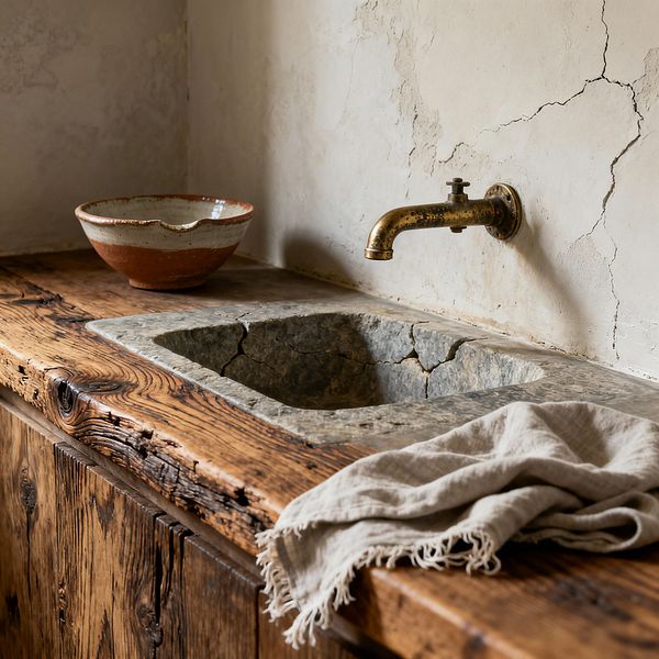 Close-up of a rustic kitchen corner with a reclaimed wood countertop and cabinet fronts showing deep knots and worn edges. A hand-carved stone sink with visible cracks sits beneath a wall-mounted aged brass faucet. The wall is finished in chalky lime plaster with hairline cracks. A handmade terracotta bowl with white glaze rests on the counter, and a fringed natural-linen cloth is draped nearby in soft natural light.
