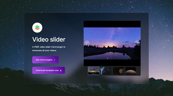 The image features a promotional interface for a video slider plugin designed for Carrd, showcasing space-themed videos.