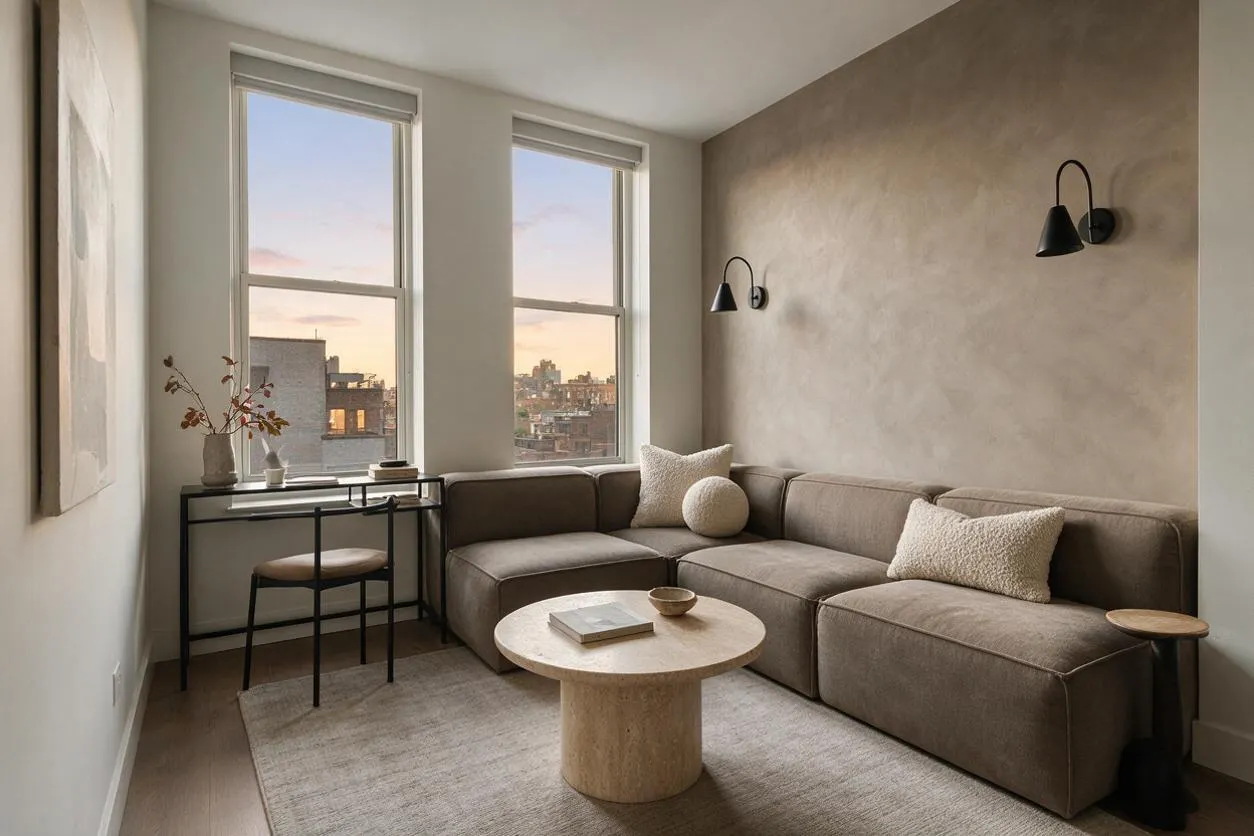 A modern studio apartment living area with a taupe sectional sofa against a textured beige wall, paired with black wall sconces and a slim black console desk by two tall windows. A round pedestal coffee table, woven rug, and soft neutral pillows create a calm, minimal atmosphere with sunset light and city views.