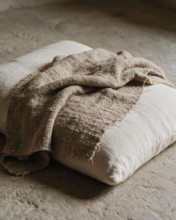 A close-up of a soft off-white floor cushion with a loosely draped, textured beige throw blanket on top. The scene rests on a rustic stone or plaster floor, creating a calm, earthy Wabi-Sabi look with natural fibers and subdued tones.