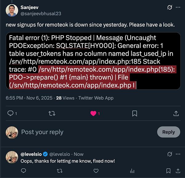 A Twitter conversation addressing a sign-up bug for RemoteOK, featuring an error message and a response from a user.