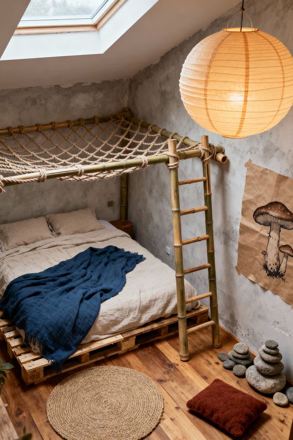 A compact attic kids' room features a low pallet bed beneath a bamboo frame strung with a knotted jute net. Sand linen bedding with a deep indigo throw sits against mottled gray plaster walls, lit by a skylight and a round rice-paper lantern; a bamboo ladder, a kraft-paper mushroom drawing, stacked river stones, a round jute rug, and warm wood floors complete the space, emphasizing natural materials and the wabi-sabi appreciation of texture and imperfection.