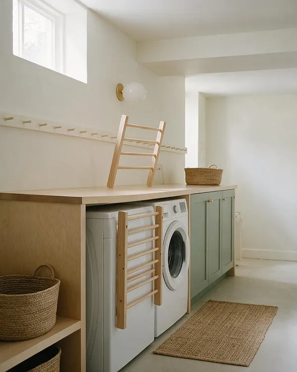 A bright Scandinavian-style basement laundry room with a front-loading washer and dryer tucked under a light wood countertop, sage green cabinets, woven baskets, and a small jute rug. Soft white walls and a high window bring in natural light, while simple wood drying racks add warmth and function.