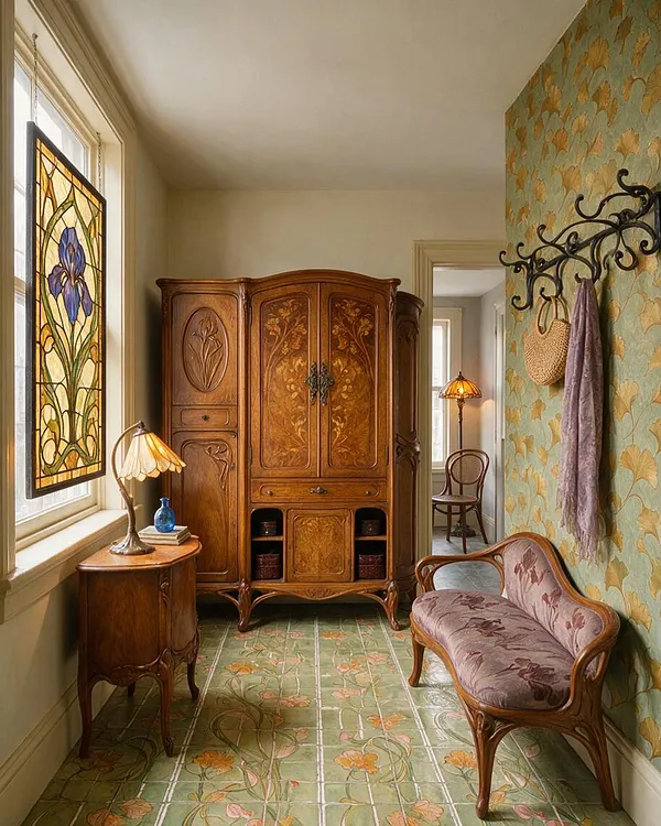 A narrow Art Nouveau mudroom with a carved wooden storage armoire centered at the back, a floral stained-glass window on the left, and a curved upholstered bench on the right. The room features patterned green floor tiles, botanical wallpaper, wrought-iron wall hooks, and warm table lamps that create a soft, vintage atmosphere.
