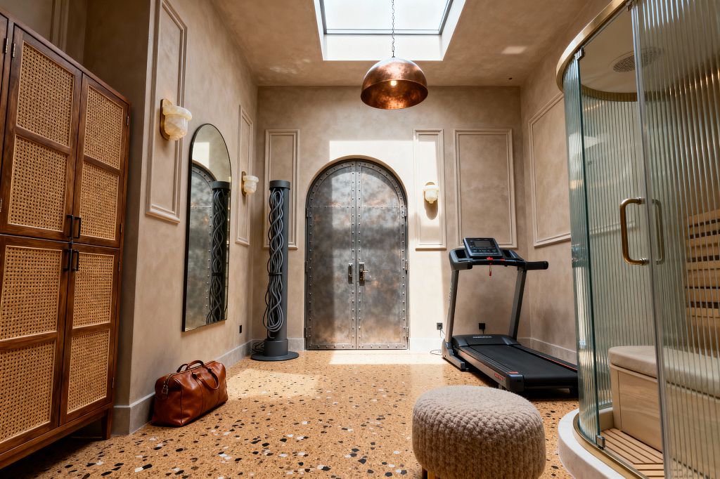 A warm, skylit home gym features limewashed beige walls with panel moldings, a patinated steel arched double door, and terrazzo flooring. On the left are a woven cane-front wood cabinet, arched mirror, and a leather duffel; on the right sit a treadmill and a curved sauna with fluted glass and brass handle, while a copper dome pendant and two alabaster sconces provide soft light, with a nubby round pouf and a sculptural black column completing the space.