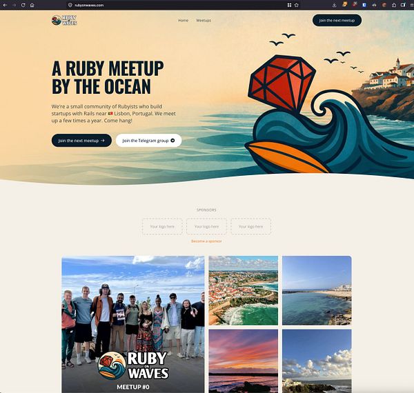 Screenshot of a webpage titled 'rubyonwaves.com' featuring a photograph of a person in a purple jacket and various navigation options.