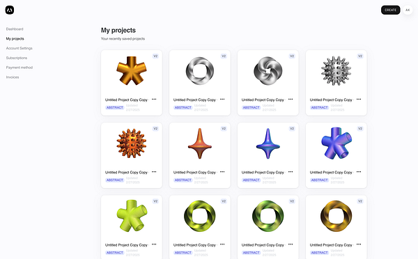 A user interface displaying a grid of recently saved 3D project thumbnails.