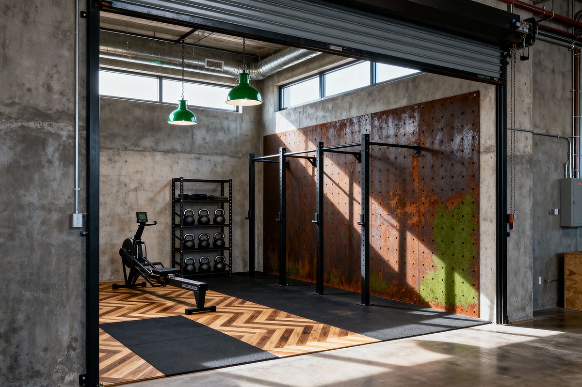 Room AI – Industrial Gym with Rusted Steel and Herringbone Floor