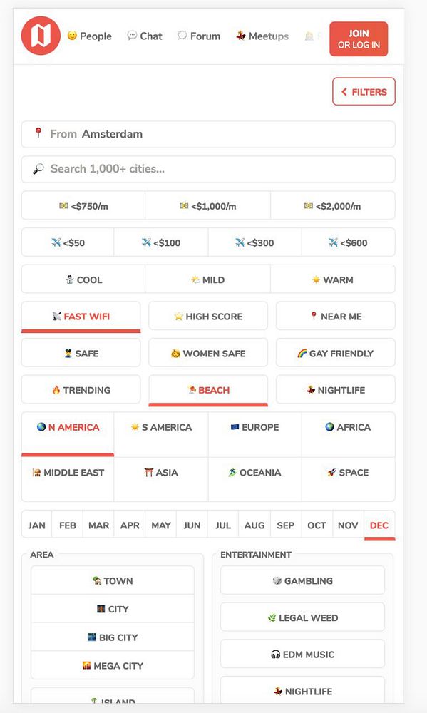 The image displays a user interface for a travel-related platform featuring various filters for searching cities.