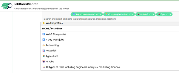 Screenshot of a job posting filter interface with categorized tag filters sorted alphabetically.