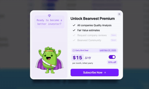 A promotional pop-up for Beanvest Premium subscription featuring a cartoon character.