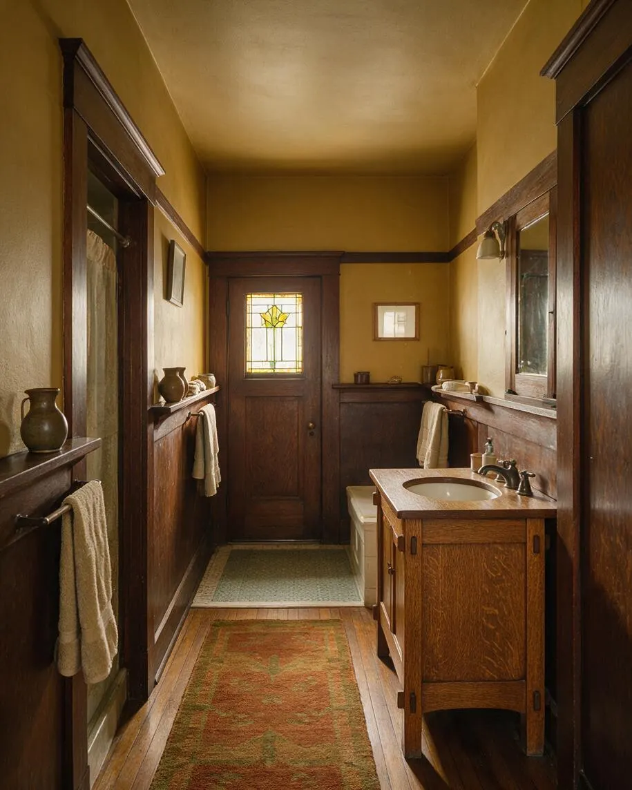A narrow Craftsman-style master bathroom with rich dark wood trim, paneled wainscoting, and yellow walls. The room includes a wood vanity with an integrated sink, a mirrored medicine cabinet, towel bars, a stained-glass door at the end, and a vintage runner on the hardwood floor.