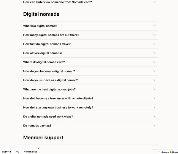 The image displays a list of frequently asked questions related to digital nomads.