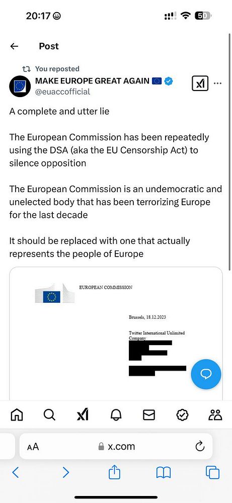 A social media post criticizing the European Commission and advocating for its disbandment.