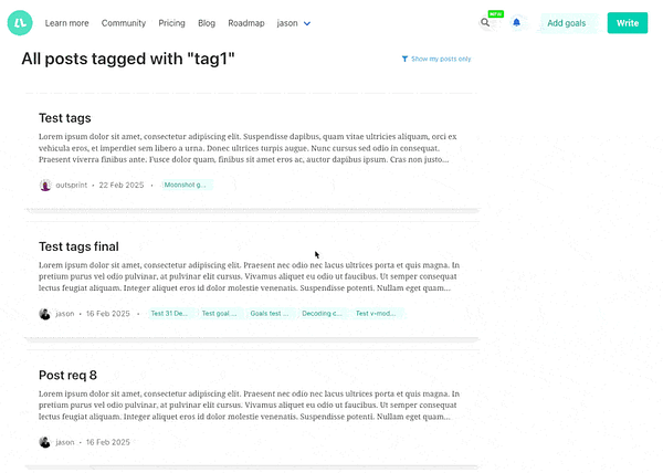 A user interface displaying posts tagged with 'tag1' on the Lifelog platform.