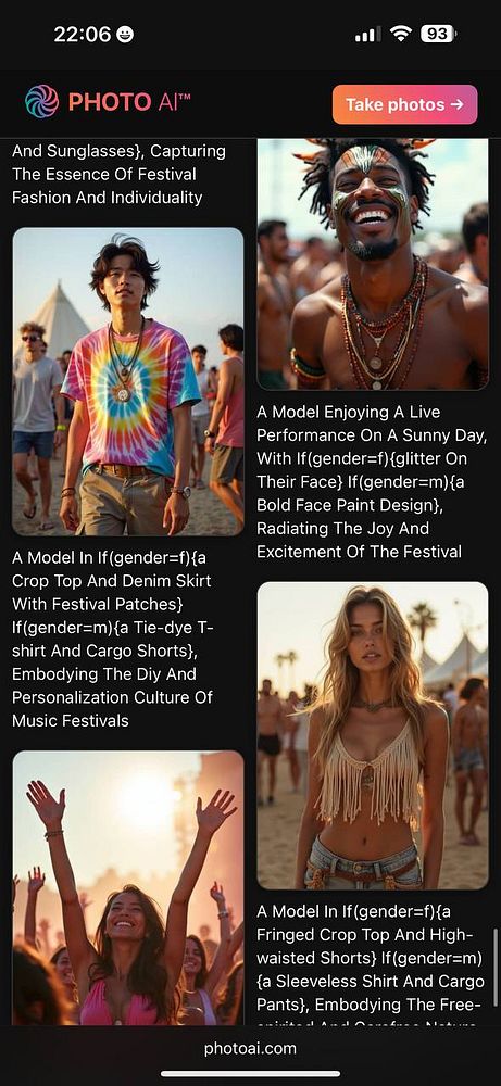 The image displays a mobile interface showcasing various festival fashion styles with descriptions of models and their outfits.