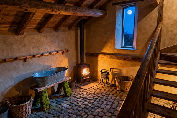 A rustic laundry room with exposed timber rafters, ochre plaster walls, and a cobblestone floor. A galvanized wash tub sits on a rough wooden bench next to wicker baskets and a small metal bucket. A black cast-iron wood stove glows warmly near a narrow arched window showing a bright moon against a deep blue sky. A wood peg rail spans the wall, and simple wooden stairs rise at right, creating a warm, old-world, functional atmosphere.