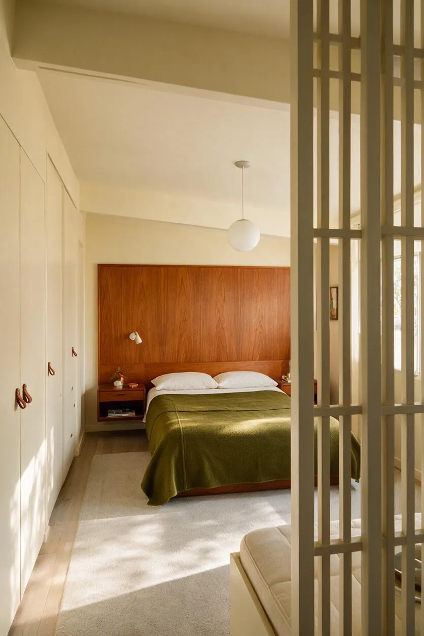 A bright master bedroom with a large walnut headboard wall, a low bed dressed in white pillows and an olive-green throw, and built-in white wardrobes along the left side. A simple globe pendant hangs from the ceiling, while a pale rug and light wood floors keep the room airy and calm.