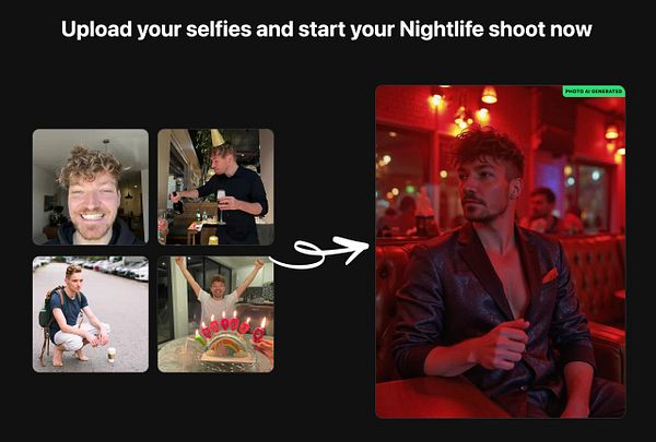 The image features a collage of selfies alongside a stylized nightlife photo of a man.