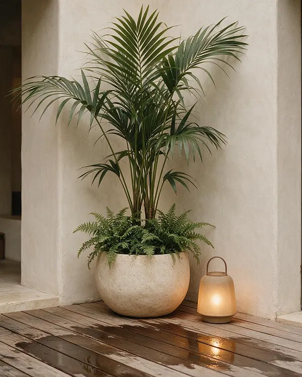 A biophilic outdoor corner features a large round stone planter filled with a tall palm and lush ferns against smooth cream stucco walls. The wooden deck is wet and reflective, and a frosted lantern beside the planter casts a soft warm light.