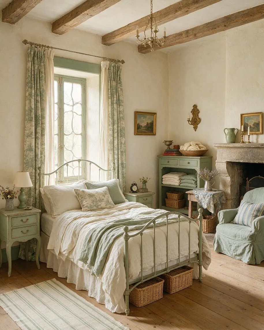 A cozy French Country master bedroom with a pale metal bed dressed in cream bedding and a soft green throw, set beneath a tall window with patterned curtains. The room includes rustic wood ceiling beams, a stone fireplace, painted green furniture, woven baskets, and antique-style decor in warm neutral and sage tones.