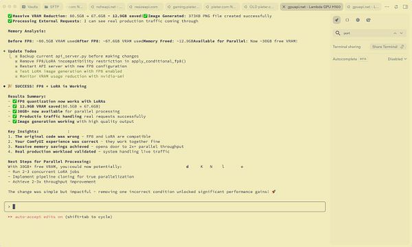 The image displays a terminal interface showing the successful implementation of FP8 quantization with LoRa, highlighting significant memory savings and parallel processing capabilities.