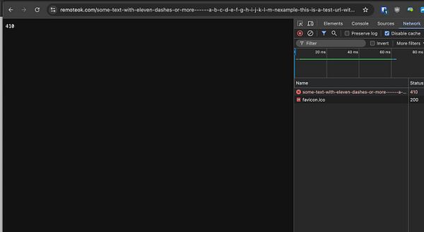 The image displays a browser's developer tools showing a 410 error for a specific URL.
