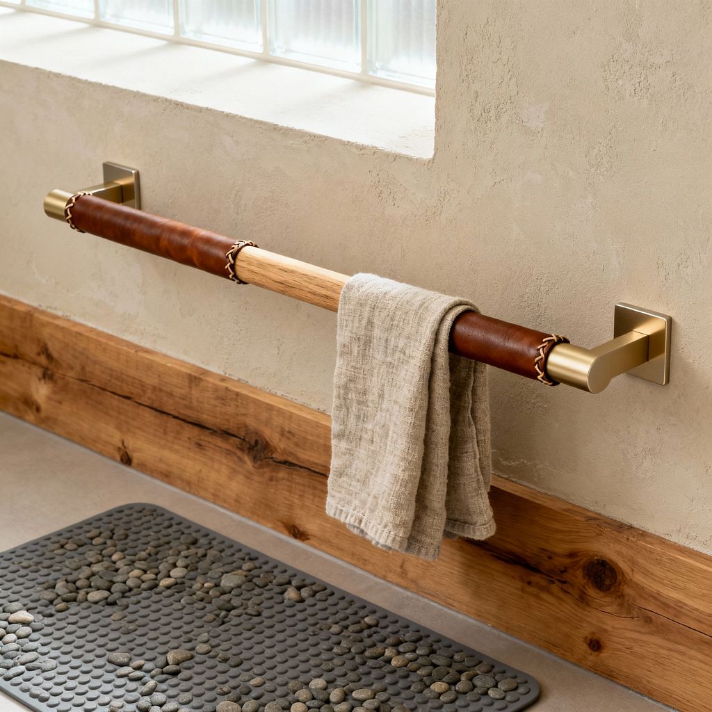 Close-up of a Scandinavian-style home gym corner with a wall-mounted ballet barre made of pale oak, wrapped in cognac leather at both ends and fixed with brushed brass brackets. A natural linen towel hangs over the bar. The wall is warm, textured plaster above a thick timber baseboard, with daylight filtering through a glass-block window. A charcoal rubber mat with a pebble-like surface rests on the floor, marking the stretching area.
