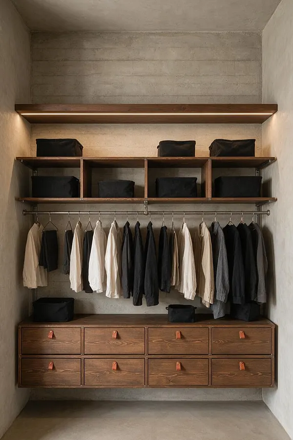 A narrow walk-in closet with textured concrete walls and ceiling, a long wooden shelf with integrated warm lighting, open cubbies holding black storage boxes, a metal hanging rod with neutral and dark garments, and a walnut-toned drawer unit with leather pulls below.