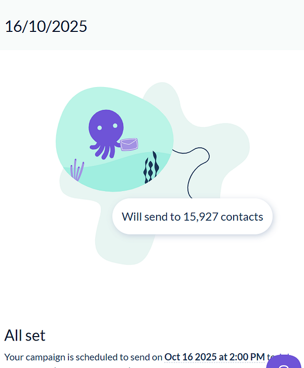 A digital interface displaying a scheduled newsletter campaign with an octopus illustration.