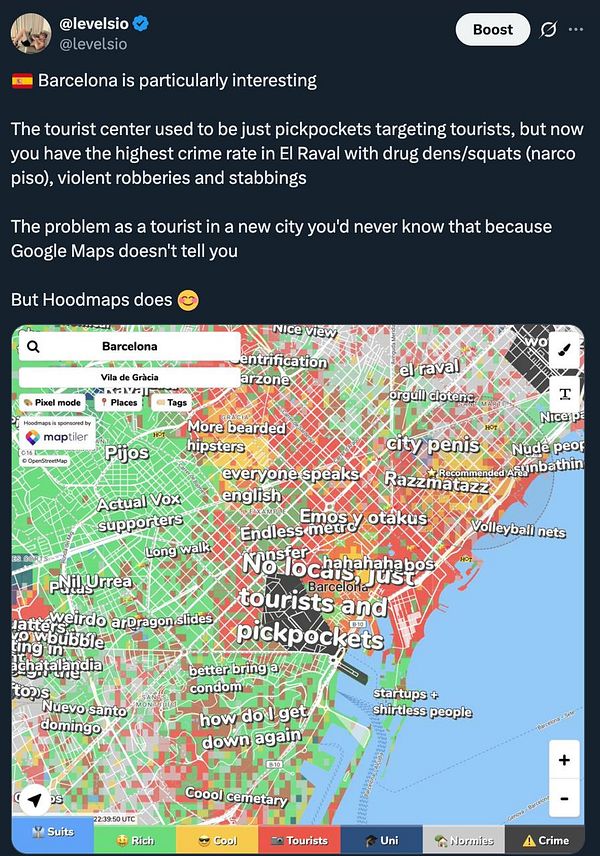 Map of San Francisco showing neighborhoods with crime data visualization and a prominent red marker.