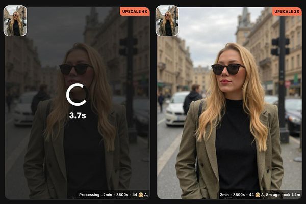 The image displays a side-by-side comparison of two upscale processes for a photo of a woman in a city setting.