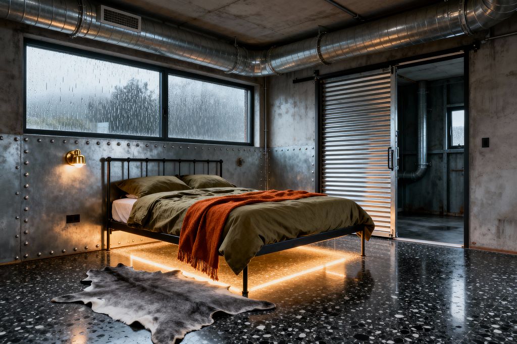 An industrial bedroom with a black metal bed dressed in olive linens and an orange throw, hovering above a polished black terrazzo floor lit by under-bed LED strips. The space features riveted steel wall panels, a corrugated sliding metal door on a track, exposed galvanized ductwork across a concrete ceiling, a brass wall sconce, a rain-streaked window, and a gray cowhide rug softening the hard surfaces.