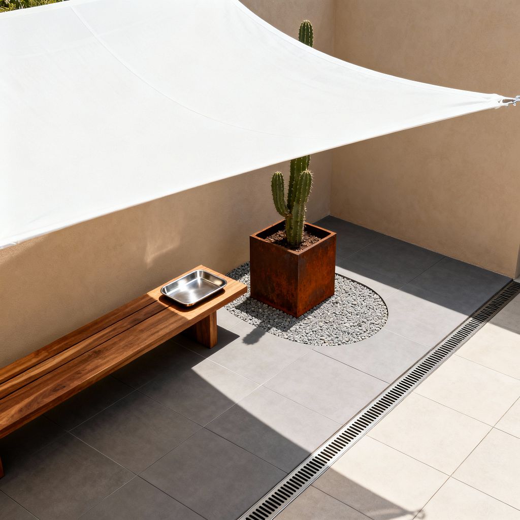 Minimalist patio with a taut white shade sail above large square tiles in beige and gray. A slim teak bench lines a sand-colored stucco wall, holding a stainless-steel tray. Nearby, a tall cactus sits in a rusted Corten steel planter set into a circular bed of gray gravel. A linear metal drain runs along the tile edge, while sun and shadow create crisp geometric shapes across the uncluttered space.