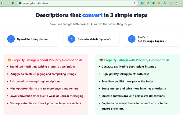 The image displays a webpage promoting a property description AI service, outlining its benefits and features.