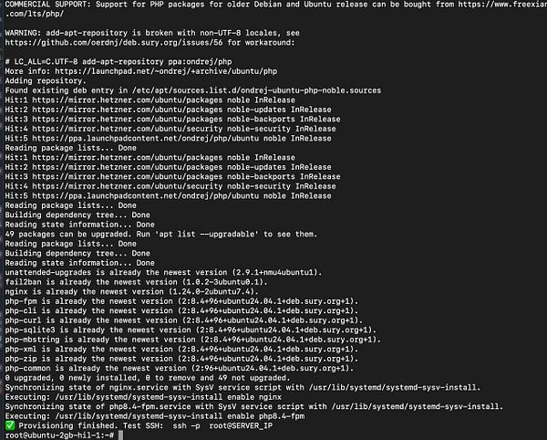 The image displays a terminal window showing the output of a server script execution related to PHP package management on a Debian or Ubuntu system.