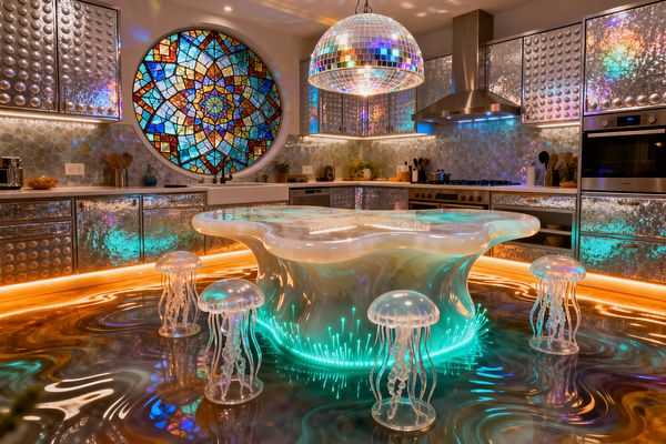 An imaginative kitchen features a translucent resin island glowing aqua from internal LEDs, surrounded by clear jellyfish-like stools on a marbled, high-gloss epoxy floor. A mirrored disco-ball pendant hangs above, scattering rainbow light onto metallic, bubble-textured cabinets and an iridescent glass-tile backsplash. A large round stained-glass window casts jewel-toned patterns across stainless-steel appliances and sleek counters, with warm toe-kick lighting outlining the base cabinetry.