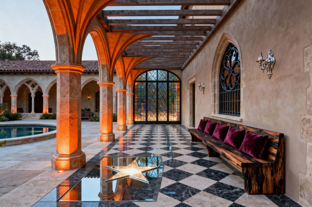 An outdoor cloister-style patio with ribbed limestone arches and a timber pergola above a black-and-cream checkerboard marble floor. Amber uplights highlight the columns, an arched iron-and-glass door with diamond leaded stained glass anchors the end wall, and a circular window with wrought-iron tracery sits above a long rustic wood bench with burgundy velvet pillows; a glass star inset reflects the architecture and the walk opens to a pool courtyard.