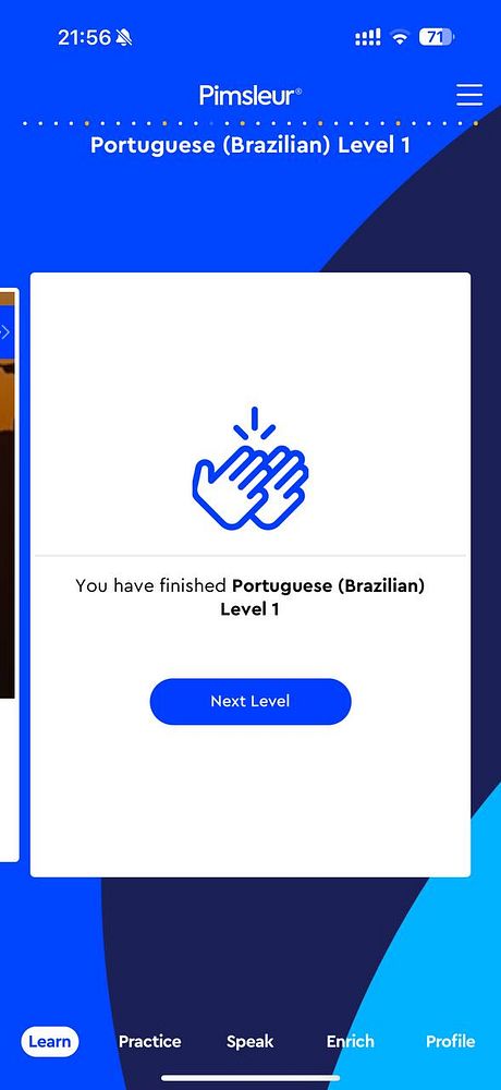A mobile app screen celebrating the completion of Pimsleur's Portuguese Level 1 course.
