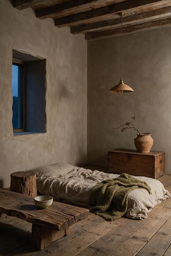 A serene studio apartment with plaster walls, exposed wooden ceiling beams, and wide plank wood flooring. The room includes a low floor bed with rumpled linen bedding, a rustic wooden bench and stool, a woven pendant light, and a weathered chest topped with a clay vase and sparse branch arrangement.